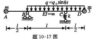 试求图示体系中弹簧支座的最大动反力，已知qo、θ（≠ω)、m和弹簧系数k，EI=∞。试求图示体系中弹