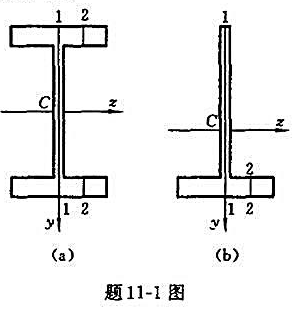 题11-1图（a),（b)所示截面梁，弯矩位于纵向对称面（即xy平面)内,试画沿直线1-1与2-2的