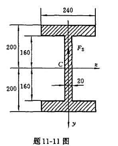 梁截面如题11-11图所示，剪力Fs=300kN，试计算腹板上的最大、最小弯曲切应力与平均切应力。梁