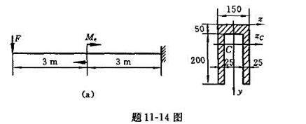 题11-14图（a)所示槽形截面悬臂梁,F=10kN,Me=70kN·m,许用拉应力[σt]=35M