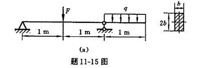 题11-15图（a)所示矩形截面钢梁，承受集中载荷F与集度q的均布载荷作用，试确定截面尺寸b。已知载