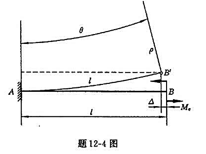 题12-4图所示悬臂梁，承受矩为Me的集中力偶作用，试计算梁端截面形心B的轴向位移Δ，并与其横向位移