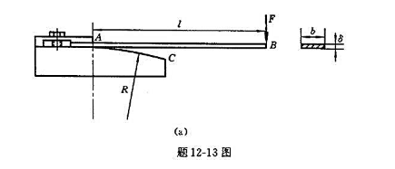 如题12－13图（a)所示,梁左端A固定在具有圆弧形表面的刚性平台上,自由端B承受载荷F作用,试计算