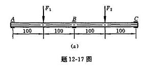 题12-17图（a)所示传动轴,由于加工误差,轴承C的位置偏离轴线δ=0.25mm,试计算安装后轴内
