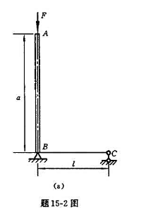 题15-2图（a)所示结构，AB为刚性杆，BC，为弹性梁，在刚性杆项端承受铅垂载荷F作用，试求其临界