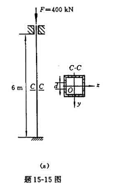 题15-15图（a)所示立柱，由两根No14a槽钢焊接而成，在其中点横截面C处，有一直径为d=60m