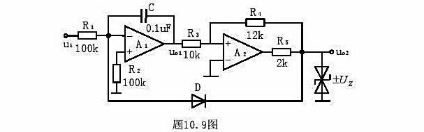 在题10.9图所示电路中，Uz=6V，u1为小于6V的正电压，D为理想二极管。（1)分析电路的工作原