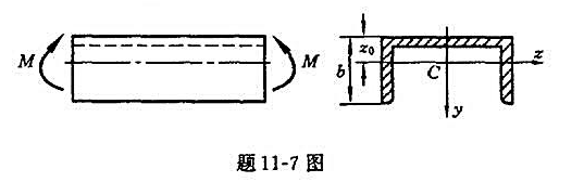 题11-7图所示梁，由No22槽钢制成，弯矩M=80N·m，并位于纵向对称面（即xy平面)内。试求梁