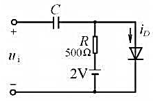 电路如图P1.4所示,二极管导通电压UD=0.7V,常温下UT≈26mV,电容C对交流信号可视为短路