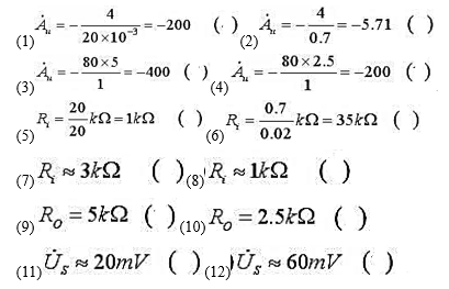 在图P2.5所示电路中,已知晶体管的β=80,rbg=lkΩ,ui=20mV,静态时UBEQ=0.7