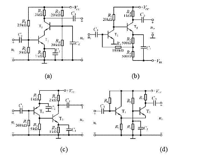 判断图P3.1所示各两级放大电路中T1和T2,管分别组成哪种基本接法的放大电路.设图中所有电容对于交