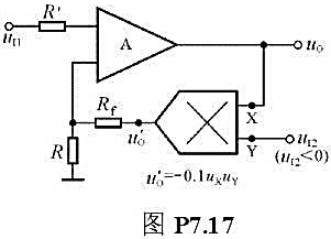 为了使图P7.17所示电路实现除法运算,（1)标出集成运放的同相输入端和反相输入端;（2)求出uo为