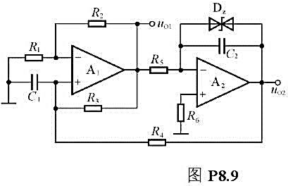 图P8.9所示电路为正交正弦波振荡电路,它可产生频率相同的正弦信号和余弦信号.已知稳压管的稳定电压±