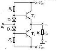 在图P9.2所示电路中,已知Vcc=16V,RL=4Ω,T1和T2管的饱和压降|UCES|=2V,输