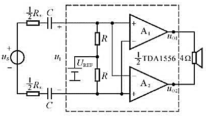 TDA1556为2通道BTL电路,图P9.16所示为TDA1556中一个通道组成的实用电路.已知Vc