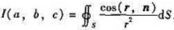 计算高斯积分其中S为光滑封闭曲面,n为S上动点P处的单位外法向量,点,r为连接点（a,b,c)与动点