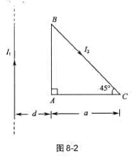 如图8-2所示，无限长直电流I1附近有一等腰直角三角形线框，通以电流I2,二者共面。求（1)AB如图