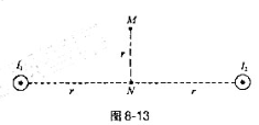 两根无限长直导线互相平行地放置在真空中。如图8-13所示，其中通以同方向的电流I1=I2=10A。已
