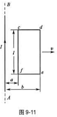 一长直导线AB,通有电流I=5A,导线右侧有一矩形线圈cdef（如图9-11)。图中a= 6cm,b