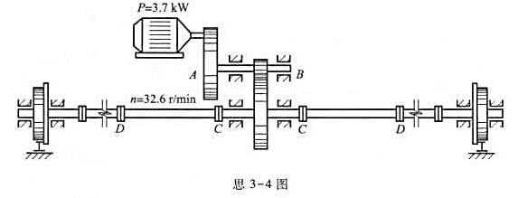 在思3-4图中，如果仅考虑轴的扭转强度，是否可以估计出，电动机主轴、齿轮轴AB和传动轴CD这三根轴的