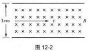 对如图12-2所示平行平板电场（电势差100V,磁场的磁感应强度为0.01T)中运动且能够保持速度方