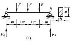 一矩形截面梁如图a所示，已知F=2kN，横截面的高宽比h/b=3，材料为松木，其许用应力为[σ]=8