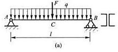 一跨度l=4m的简支梁如图a所示，受集度q=10kN/m的均布载荷和F=20kN的集中载荷作用，梁由