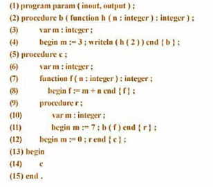 当一个过程作为参数被传递时，我们假定有以下三种与此相联系的环境可以考虑，下面的Pascal程序是用来