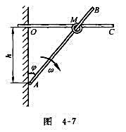 如图4-7所示，AB杆以φ=ωt绕A轴转动，并带动套在水平杆OC上的小环M运动。开始时AB杆在铅直位