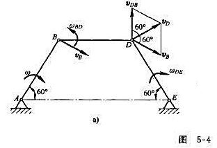 图5-4所示机构，AB=BD=DE=l=300mm，杆AB以匀角速度ω=5rad/s转动。试求在图示
