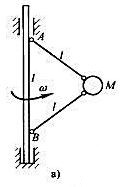 质量为m的小球M用两根各长为l的无重细杆支承，如图a所示。小球与细杆一起以匀角速度ω绕铅垂轴AB转动