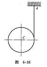 图6-38所示半径为r、重力为W的滑轮上绕有软绳，将绳的一端固定于A点而令滑轮自由下降，求轮心向下的