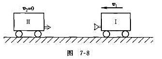 如图7-8所示，小车I的质量为m1，以速度v1与静止的小车连接，小车II的质量为m2。忽路地面的阻力