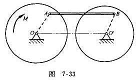 两个圆轮均重W=960N，半径r=0.8m，用直杆AB铰接，形成双曲柄机构，如图7-33所示。直杆A
