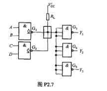 电路如图P2.7所示,两个OC门驱动三个TTL与非门,已知V'cc=5V,与非门的低电平输入电流为I