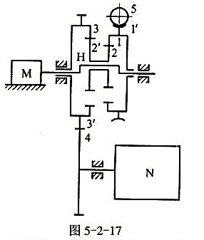 图5-2-17所示为一小型起重机构.一般工作情况下,单头蜗杆5不转,动力由电动机M输入，带动卷筒N转