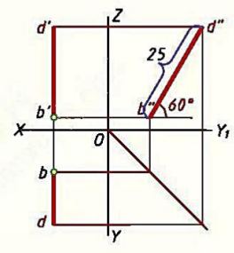以点B为端点作侧平线BD。它的实长为25mm，α=60°。（只画出一解，并分析本题可有几解。)以点B