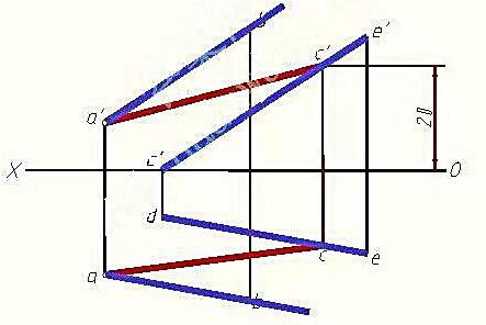 过点A作直线AB，使其平行于直线DE;作直线AC使其与直线DE相交，其交点距H面为20mm。请帮忙给