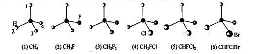 甲烷分子及其置换产物的结构如下所示，试标出各个分子所具有的镜面上原子的编号（若有多个镜面要一甲烷分子