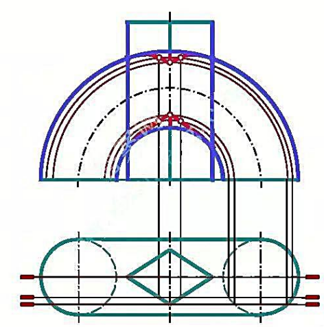 画全四棱柱与圆环相交的正面投影图。