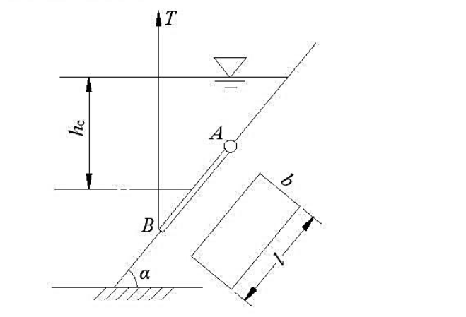 矩形平板闸门AB，一侧挡水，已知长l=2m，宽b=1m，形心点水深hc=2m，倾角α=45°，闸门上