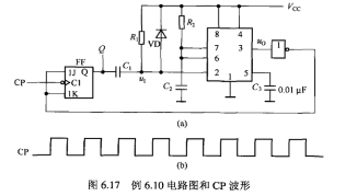 由主从JK触发器和555定时器组成的电路如图6.17（a)所示.已知CP为10Hz的方波,如图6.1