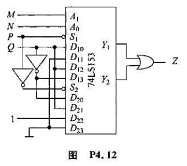 写出图P4.12电路输出Z与M、N、P、Q之间的逻辑函数式。双四选一数据选择器74HC153的逻辑框