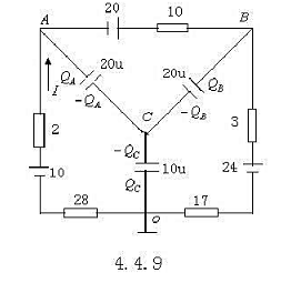 附图中O点接地。（1) 求A点和B点的电势;（2)若三个电容器起始时不带电，求它们与A、B、O相接的