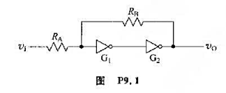 在图P9.1电路中，已知CMOS反相器G1和G2的电源电压VDD等于5V，VOH≈5V，VOL≈0V