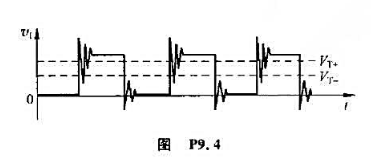 在图P9.4中用反相输出施密特触发电路作为脉冲整形电路，用于去除叠加在输入脉冲上的噪声。若VT+⌘在