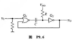 在图P9.6的单稳态电路中，已知CM0S门电路G1和G2的电源电压VDD等于5V，高电平输出电阻R在