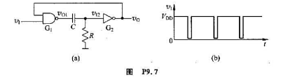 图P9.7（a)是用CMOS与非门和反相器组成的微分型单稳态电路。（1)指出稳态下υ1为高电平时υ0