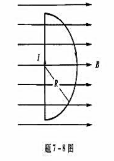 一半圆形闭合线圈,半径R=0.1m,通有电流I=10A,放在均匀磁场中磁场方向与线圈平面平行,大小为