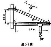 如图所示为一旋臂吊车的简图，斜杆AB为直径d=20mm的钢杆,载荷W=15kN。当W移到A点时，求斜